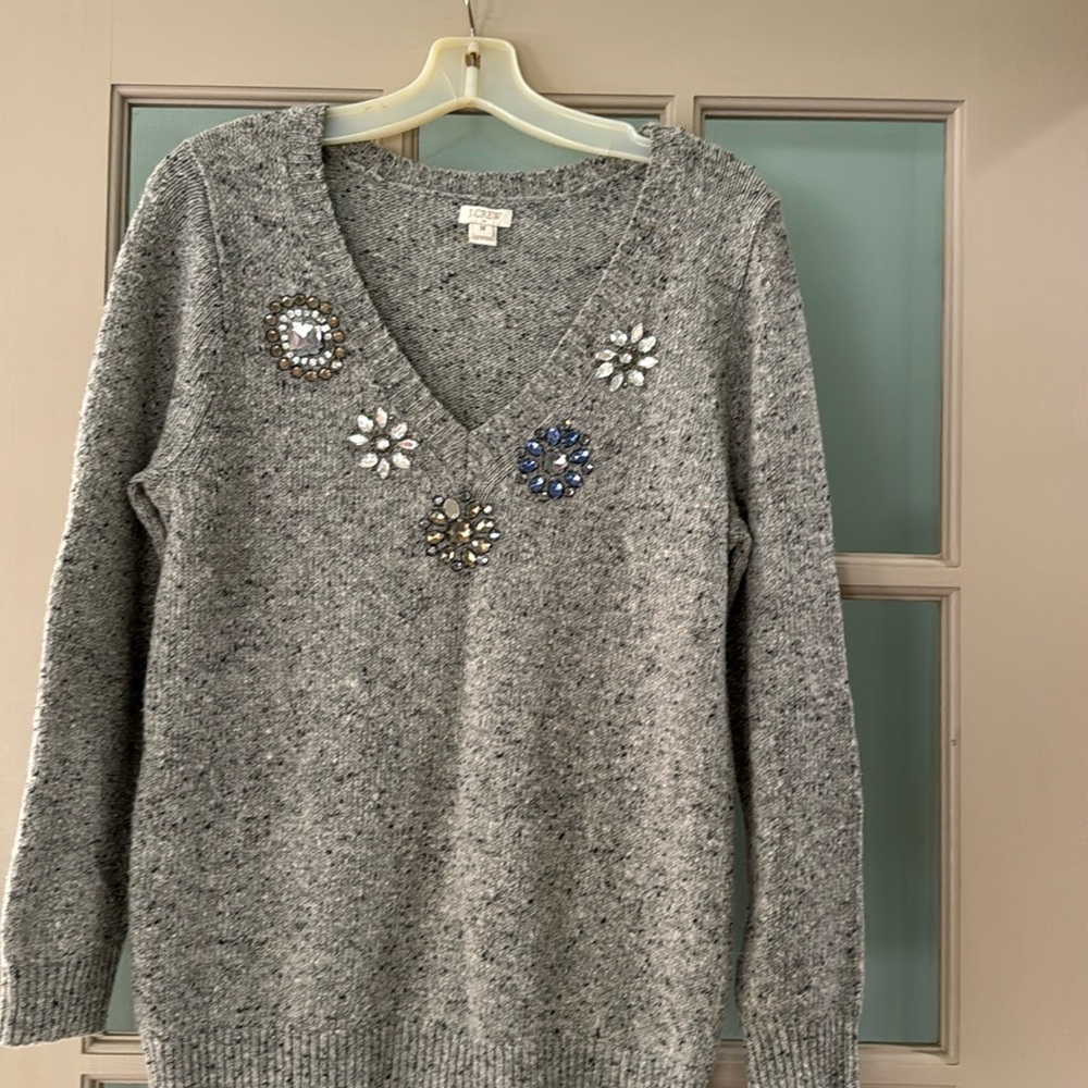 J. Crew Gray V-Neck Sweater with Embellishments